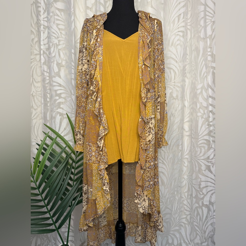 2 Piece Patchwork Ruffle High Low Semi Sheer Dress with Detachable Camisole - Picture 3 of 14